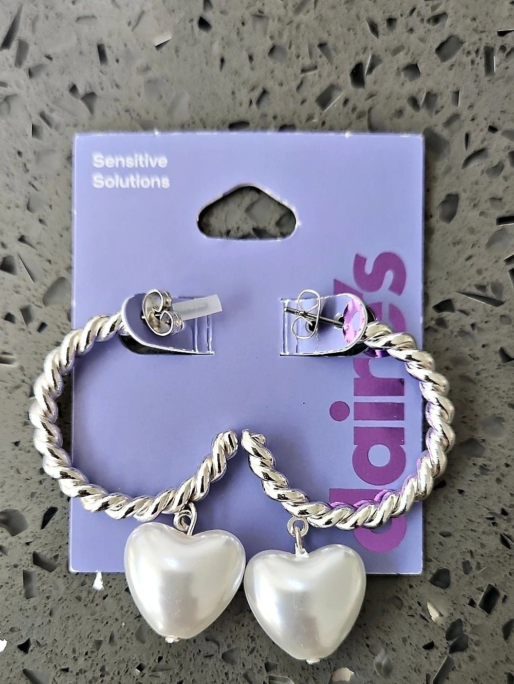 Claire's Heart Drop Hoop Earrings in Silver & White NWT